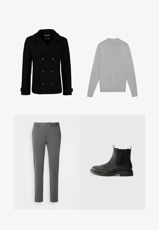 Svart dubbelknäppt sjömansrock i ull, med skalkrage, stora knappar och uppvikta ärmslut. Slät textur med en skräddarsydd passform.; Ljusgrå långärmad tröja med rund hals, med ribbadkrage, manschetter och nederkant, liggande platt på en vit bakgrund.; Grå skräddarsydda byxor i mjukt tyg med en slät textur, framfickor och en enda knappstängning i midjan.; Svarta läder Chelsea-boots med elastiska sidopaneler, dragflikar, rundad tå och texturerad gummisula. Slät yta och robust design.