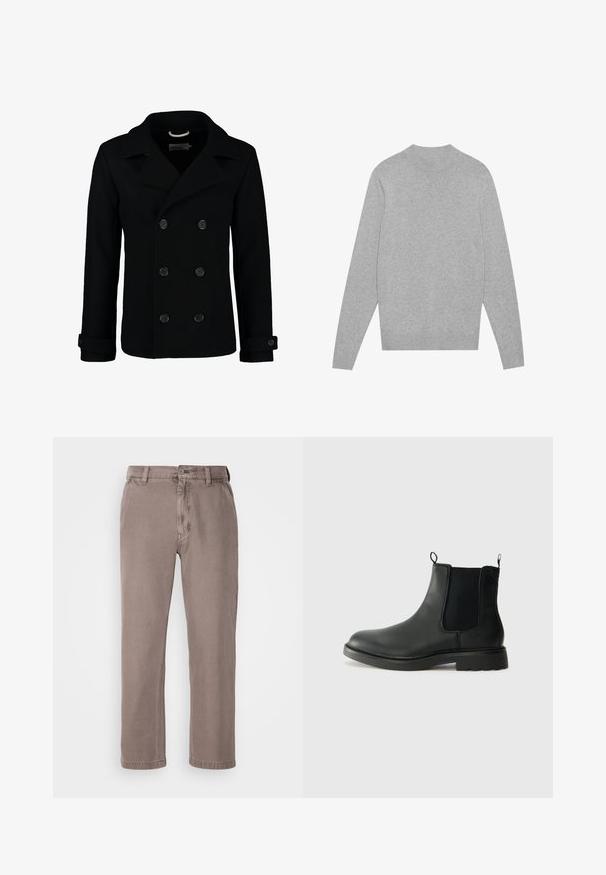 Schwarzer doppelt geknöpfter Peacoat aus Wolle, mit einem Reverskragen, großen Knöpfen und umgeschlagenen Manschetten. Glatte Textur mit taillierter Passform.; Hellgrauer langärmeliger Rundhalsausschnitt-Pullover mit geripptem Kragen, Bündchen und Saum, flach auf einem weißen Hintergrund ausgelegt.; Braune, gerade geschnittene Hose aus weichem Baumwollmischgewebe. Verfügt über einen Knopfverschluss, Gürtelschlaufen und seitliche Taschen. Minimalistisches Design.; Schwarze Leder-Chelsea-Stiefel mit elastischen Seitenelementen, Zuglaschen, runder Spitze und profiliertem Gummisohle. Glatte Oberfläche und robuste Bauweise.