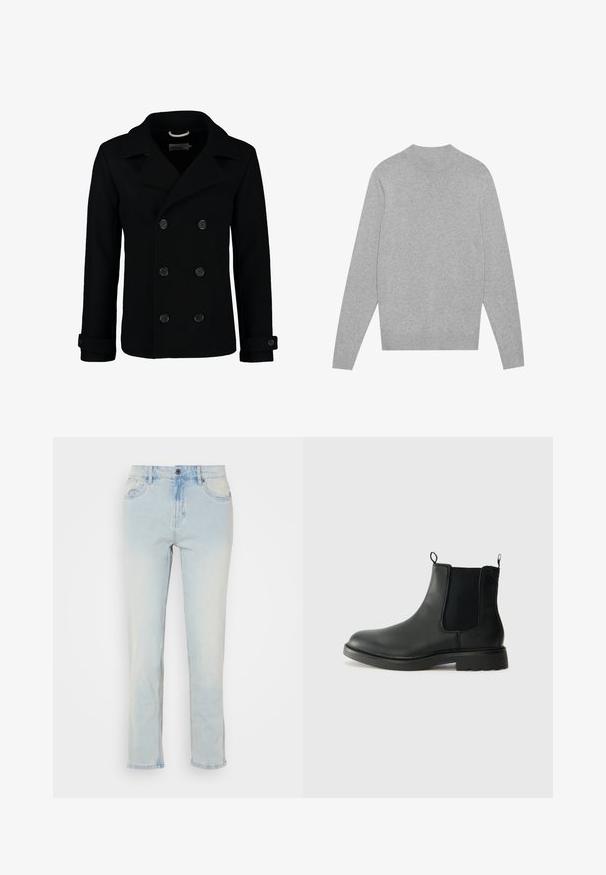 Black double-breasted peacoat made of wool, featuring a notched collar, large buttons, and rolled cuffs. Smooth texture with a tailored fit.; Light grey long-sleeve crewneck sweater with ribbed collar, cuffs, and hem, laid flat on a white background.; Light blue denim jeans with a straight leg design, featuring front pockets, a button closure, and slight fading details.; Black leather chelsea boots with elastic side panels, pull tabs, rounded toe, and textured rubber sole. Smooth surface and sturdy design.