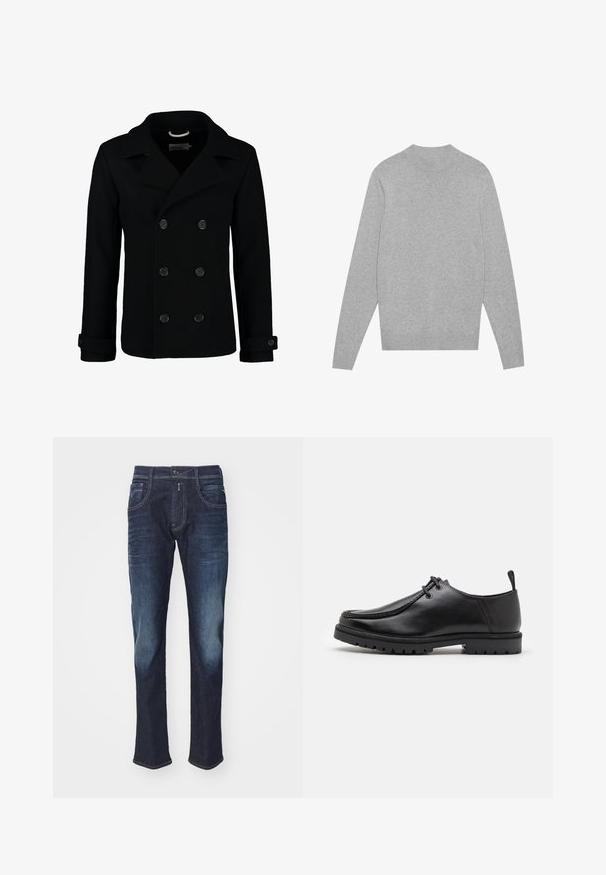 Must kasvut ja materjalist villane must kahekordse nööbiga peacoat, millel on lõigatud krae, suured nööbid ja keeratud varrukad. Sile tekstuur ja istuvus.; Heled hall sweater pikkade varrukatega ja ümarate kaelustega, ribadest krae, varrukaotsad ja alumine äär, asetatud tasasele valgele taustale.; Tumesin sinine teksad, millel on esi-taskud, nupp ja kerged kulumisjäljed reitel ja põlvedel, heleda ühevärvilise tausta ees.; Must küljest musta nahast sidumisjalatsiga, millel on tugeva tallaga ja kandmiselauaga, valge tausta ees.