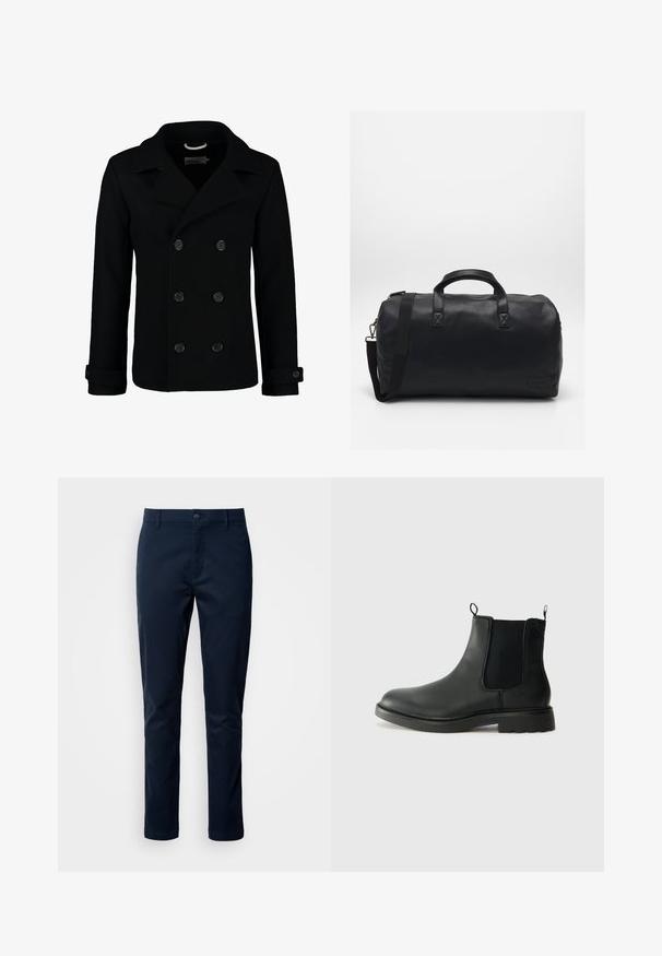 Černý dvouvrstvý peeling z vlny, s klopovým límcem, velkými knoflíky a ohrnutými manžetami. Hladký materiál s přizpůsobeným střihem.; Světle šedý dlouhý rukávový svetr s kulatým výstřihem, s žebrovaným lemem u krku, zápěstí a spodního okraje, položený na bílé pozadí.; Tmavě modré bavlněné kalhoty s rovnými nohavicemi, vybavené knoflíkovým zapínáním a kapsami. Hladká textura a minimální designové prvky.; Černé kožené chelsea boty s elastickými bočními panely, poutky na patě, kulatou špičkou a strukturovanou gumovou podrážkou. Hladký povrch a robustní design.; Černá sportovní taška vyrobená z texturovaného syntetického materiálu. Má dvě ucha a nastavitelné ramenní poutko. Jednoduchý design bez viditelných vzorů.