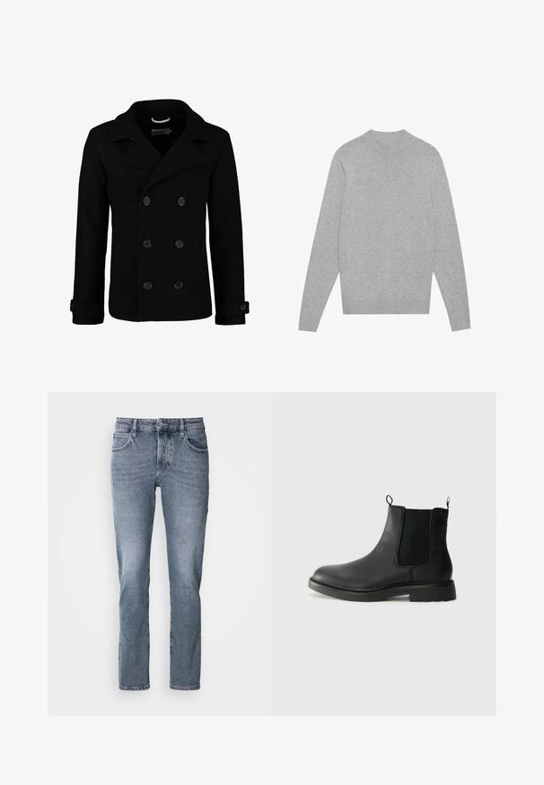 Abrigo de lana negro de doble botonadura, con cuello de muesca, grandes botones y puños enrollados. Textura suave con un corte ajustado.; Suéter de cuello redondo de manga larga en gris claro, con cuello, puños y dobladillo acanalados, colocado sobre un fondo blanco.; Vaqueros de mezclilla azul claro con corte recto, diseño de cinco bolsillos y un ligero desvanecimiento. Cuenta con un cierre de botón y presillas para cinturón.; Botas Chelsea de cuero negro con paneles laterales elásticos, lengüetas para tirar, puntera redondeada y suela de goma texturizada. Superficie lisa y diseño robusto.