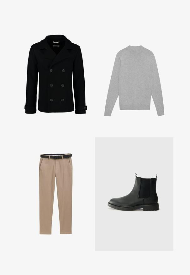 Schwarzer doppelt geknöpfter Peacoat aus Wolle, mit einem Reverskragen, großen Knöpfen und umgeschlagenen Manschetten. Glatte Textur mit taillierter Passform.; Hellgrauer langärmeliger Rundhalsausschnitt-Pullover mit geripptem Kragen, Bündchen und Saum, flach auf einem weißen Hintergrund ausgelegt.; TOM TAILOR TRAVELER - Chino - beige zig zag structure; Schwarze Leder-Chelsea-Stiefel mit elastischen Seitenelementen, Zuglaschen, runder Spitze und profiliertem Gummisohle. Glatte Oberfläche und robuste Bauweise.