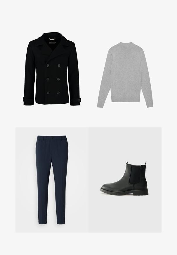 Abrigo de lana negro de doble botonadura, con cuello de muesca, grandes botones y puños enrollados. Textura suave con un corte ajustado.; Suéter de cuello redondo de manga larga en gris claro, con cuello, puños y dobladillo acanalados, colocado sobre un fondo blanco.; Pantalones rectos de color azul marino con cinturilla elástica, que cuentan con un cierre frontal de botón y una textura de tela suave.; Botas Chelsea de cuero negro con paneles laterales elásticos, lengüetas para tirar, puntera redondeada y suela de goma texturizada. Superficie lisa y diseño robusto.
