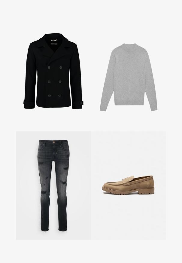 Abrigo de lana negro de doble botonadura, con cuello de muesca, grandes botones y puños enrollados. Textura suave con un corte ajustado.; Suéter de cuello redondo de manga larga en gris claro, con cuello, puños y dobladillo acanalados, colocado sobre un fondo blanco.; Vaqueros de mezclilla negros con corte ajustado, con detalles desgastados y un ligero desvanecimiento, cinco bolsillos y cierre delantero con botón.; Mocasines de gamuza color marrón claro con punta redondeada, suela plana de goma y costuras decorativas en la parte superior. Presentan un diseño sin cordones para poner y quitar fácilmente.