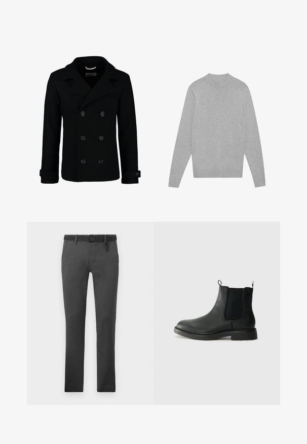 Manteau marin noir croisé en laine, avec un col à cranter, de grands boutons et des poignets retroussés. Texture lisse avec une coupe cintrée.; Pull en jersey à manches longues gris clair avec col, poignets et ourlet côtelés, posé à plat sur un fond blanc.; Pantalons gris foncé en tissu texturé, dotés d'une ceinture noire, de passants de ceinture et de deux poches latérales. Design à jambe droite, sans motifs visibles.; Bottines Chelsea en cuir noir avec des panneaux élastiques sur les côtés, des languettes de tirage, un bout arrondi et une semelle en caoutchouc texturée. Surface lisse et design robuste.