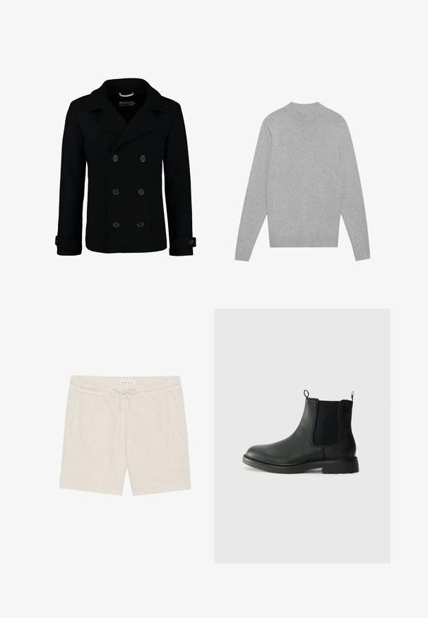 Manteau marin noir croisé en laine, avec un col à cranter, de grands boutons et des poignets retroussés. Texture lisse avec une coupe cintrée.; Pull en jersey à manches longues gris clair avec col, poignets et ourlet côtelés, posé à plat sur un fond blanc.; Shorts beige clair en matériau doux, dotés d'une taille à cordon de serrage, de poches latérales et d'une texture légèrement mouchetée.; Bottines Chelsea en cuir noir avec des panneaux élastiques sur les côtés, des languettes de tirage, un bout arrondi et une semelle en caoutchouc texturée. Surface lisse et design robuste.