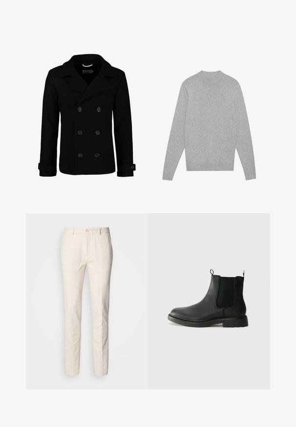 Zwarte dubbelbreasted peacoat van wol, met een notch-kraag, grote knopen en oprolbare mouwen. Glad textuur met een getailleerde pasvorm.; Lichtgrijze langarm crewneck sweater met ribbelkraag, manchetten en zoom, plat gelegd op een witte achtergrond.; Lichtbeige, op maat gemaakte broek van zachte stof. Heeft een knoopsluiting, riemlussen en een slim rechtmodel met minimale textuur.; Zwarte leren chelsea boots met elastische zijpanelen, trekflappen, ronde neus en een gegoten rubberen zool. Gladde oppervlakte en stevige constructie.