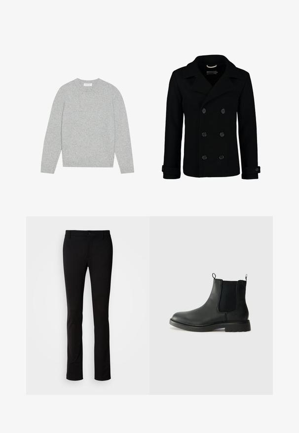 Svart dubbelknäppt sjömansrock i ull, med skalkrage, stora knappar och uppvikta ärmslut. Slät textur med en skräddarsydd passform.; Ljust grått ulltröja med rund hals, långa ärmar och ribbade muddar och fåll. Mjuk struktur med en solid, minimalistisk design.; Svarta byxor i slät väv, med knappstängning, bältesbälten och rak bendesign. Inga synliga mönster eller detaljer.; Svarta läder Chelsea-boots med elastiska sidopaneler, dragflikar, rundad tå och texturerad gummisula. Slät yta och robust design.