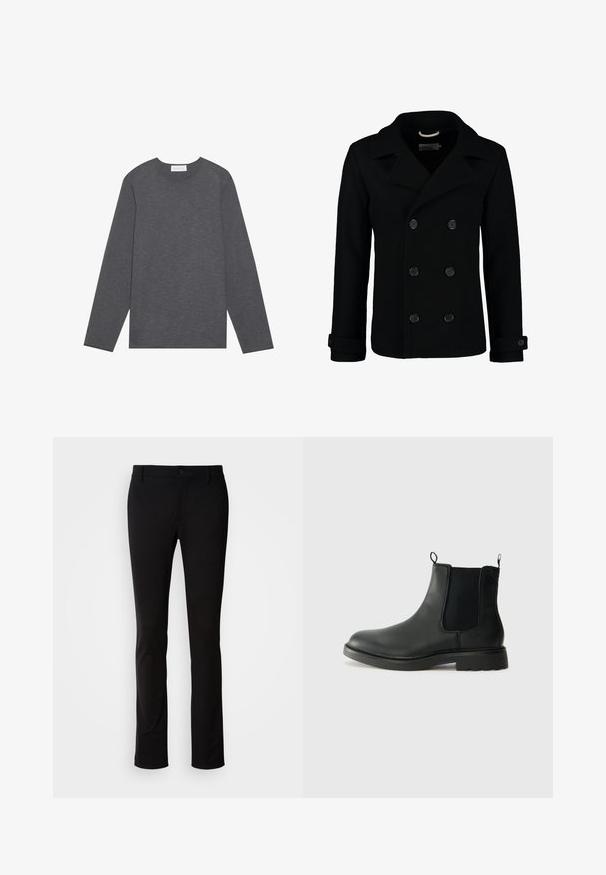 Manteau marin noir croisé en laine, avec un col à cranter, de grands boutons et des poignets retroussés. Texture lisse avec une coupe cintrée.; T-shirt à manches longues gris, fabriqué en tissu doux, avec un col rond et une coupe décontractée sans logos ni motifs visibles.; Pantalon noir en tissu lisse, avec fermeture à bouton, passants de ceinture et coupe droite. Aucun motif ni accent visible.; Bottines Chelsea en cuir noir avec des panneaux élastiques sur les côtés, des languettes de tirage, un bout arrondi et une semelle en caoutchouc texturée. Surface lisse et design robuste.
