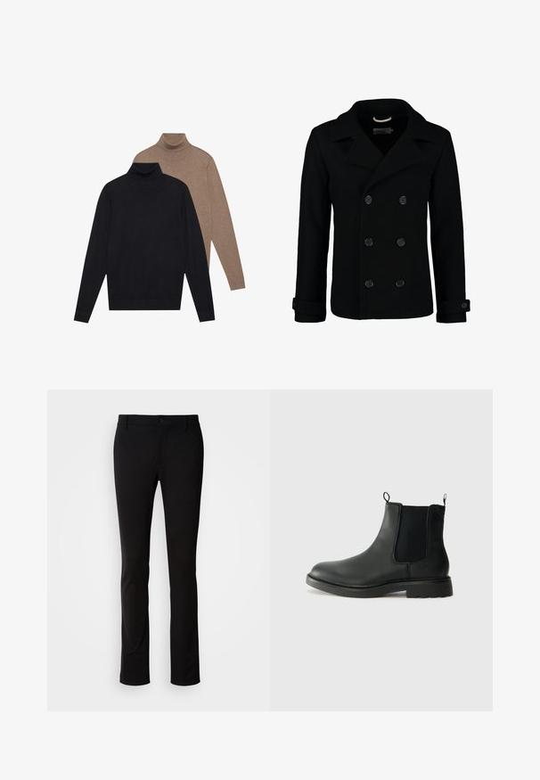 Sort dobbeltradet peacoat lavet af uld, med en klippet krave, store knapper og opsmøgede ærmer. Glat tekstur med en skræddersyet pasform.; To lange ærmeløse turtleneck trøjer, en i sort og en i lys brun, lavet af blødt strikstof med en tætsiddende pasform og ribbede manchetter.; Sorte bukser lavet af glat stof, med knaplukning, bæltestropper og lige bendesign. Ingen synlige mønstre eller accenter.; Sorte læder chelsea støvler med elastiske sidepaneler, trækflapper, rund tå og tekstureret gummisål. Glat overflade og robust design.