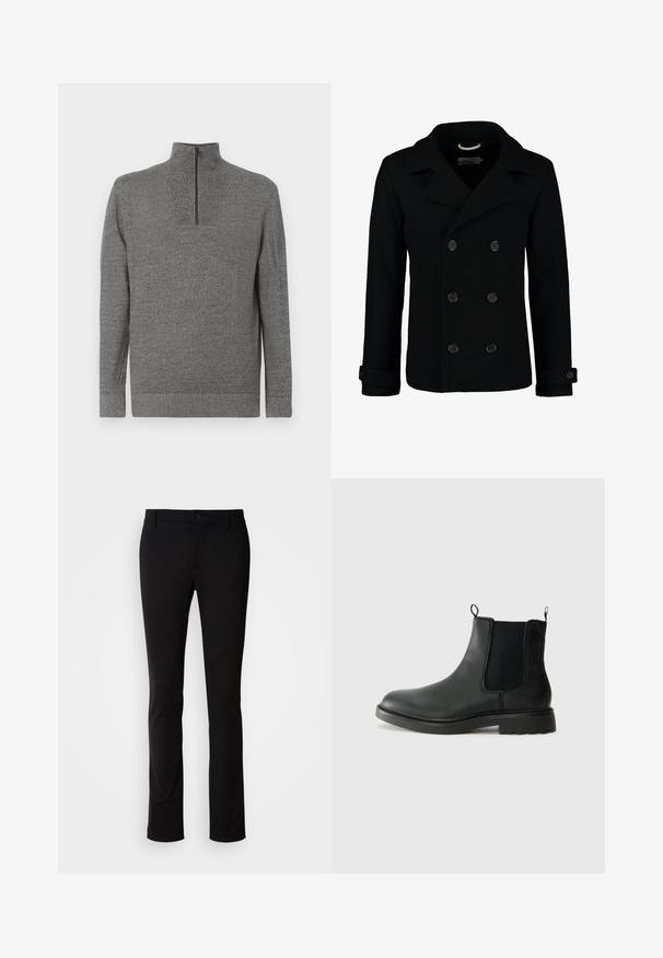 Juodas dvigubas vilnonis paltas su išpjovą, dideliais mygtukais ir sulenktais rankovėmis. Lygi tekstūra su pritaikytu siluetu.; Pilkos mezginės megztinis su ilgomis rankovėmis ir ketvirčio užtrauktuku aukštu apykakle, išdėstytas plokščiai ant balto fono.; Juodos kelnės, pagamintos iš lygios medžiagos, su mygtukų uždarymu, diržo kilpomis ir tiesiomis kojomis. Nėra matomų raštų ar akcentų.; Juodos odinės Chelsea botai su elastingais šonų įdėklais, traukimo kilpomis, suapvalintu pirštu ir tekstūruotu guminio pado paviršiumi. Lygus paviršius ir tvirtas dizainas.