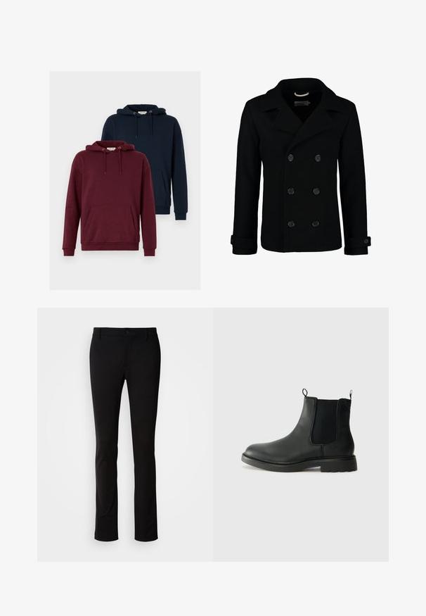 Abrigo de lana negro de doble botonadura, con cuello de muesca, grandes botones y puños enrollados. Textura suave con un corte ajustado.; Dos sudaderas: una burdeos y una azul marino. Ambas cuentan con un bolsillo canguro en el frente, capuchas con cordón, puños acanalados y una textura de tela suave.; Pantalones negros de tela suave, con cierre de botón, presillas para cinturón y un diseño de pierna recta. Sin patrones ni acentos visibles.; Botas Chelsea de cuero negro con paneles laterales elásticos, lengüetas para tirar, puntera redondeada y suela de goma texturizada. Superficie lisa y diseño robusto.