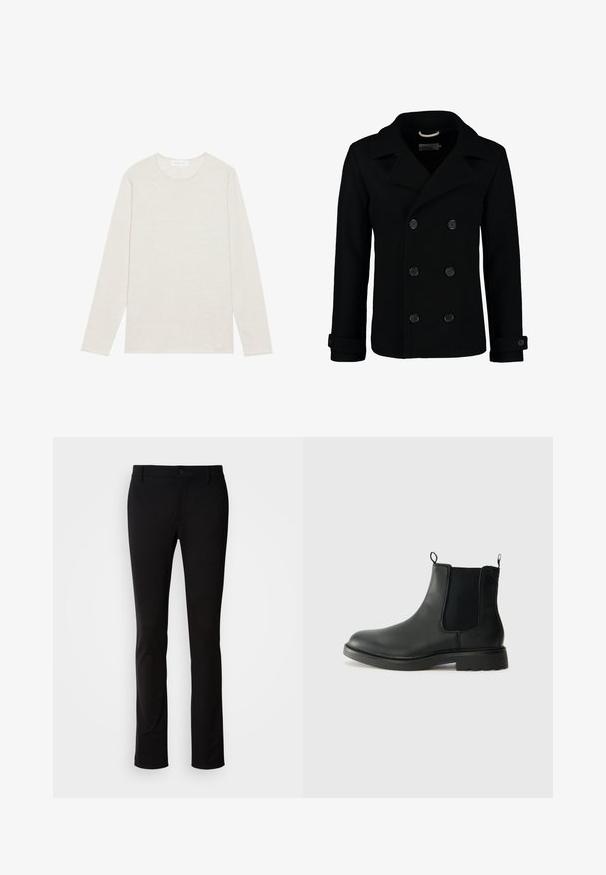 Černý dvouvrstvý peeling z vlny, s klopovým límcem, velkými knoflíky a ohrnutými manžetami. Hladký materiál s přizpůsobeným střihem.; Krémové tričko s dlouhým rukávem vyrobené z měkké pleteniny. Má kulatý výstřih a volný střih bez viditelných vzorů či akcentů.; Černé kalhoty vyrobené z hladkého materiálu, s knoflíkovým zapínáním, poutky na opasek a rovnými nohavicemi. Bez viditelných vzorů nebo akcentů.; Černé kožené chelsea boty s elastickými bočními panely, poutky na patě, kulatou špičkou a strukturovanou gumovou podrážkou. Hladký povrch a robustní design.