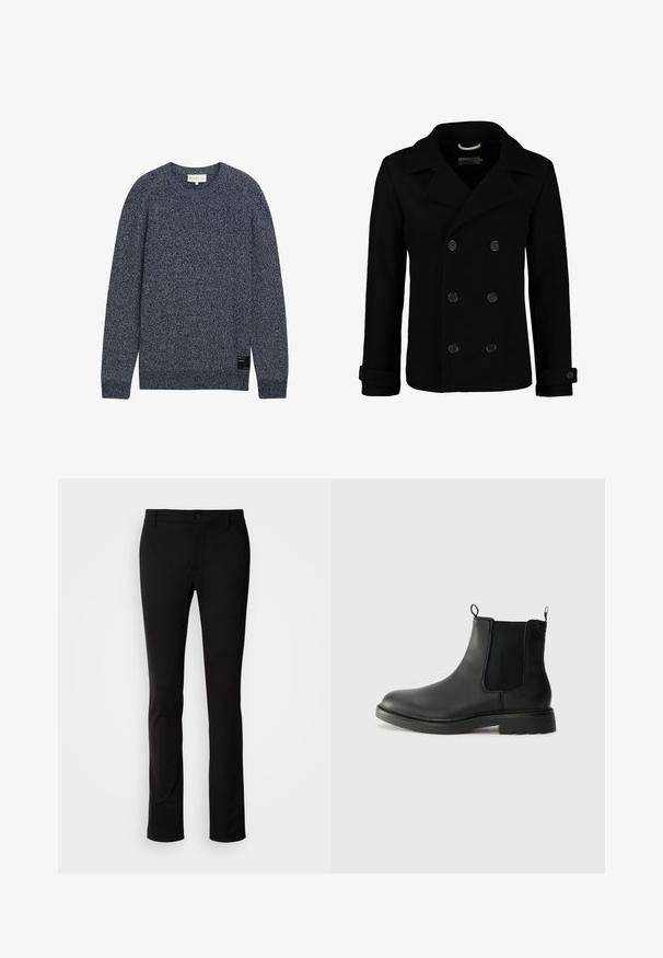 Schwarzer doppelt geknöpfter Peacoat aus Wolle, mit einem Reverskragen, großen Knöpfen und umgeschlagenen Manschetten. Glatte Textur mit taillierter Passform.; Dunkelblauer Strickpullover mit langen Ärmeln, Rundhalsausschnitt und strukturiertem Muster; verfügt über ein kleines Markenetikett an der Seite.; Schwarze Hose aus glattem Stoff, mit Knopfverschluss, Gürtelschlaufen und geradem Bein. Keine sichtbaren Muster oder Akzente.; Schwarze Leder-Chelsea-Stiefel mit elastischen Seitenelementen, Zuglaschen, runder Spitze und profiliertem Gummisohle. Glatte Oberfläche und robuste Bauweise.