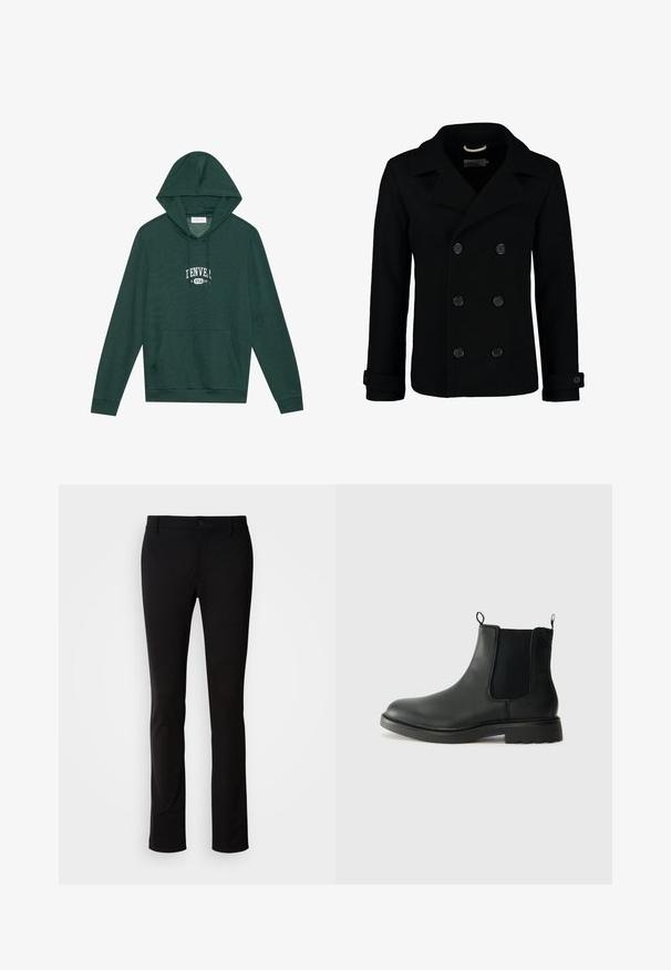 Peacoat preto de dupla face, confeccionado em lã, com gola partida, botões grandes e punhos dobrados. Textura suave com um ajuste entalhado.; Hoodie verde escuro com um bolso frontal, estilo canguru, apresentando uma gráfica branca "DENVER EUA 96" no peito, feito de material de algodão suave.; Calças pretas feitas de um tecido liso, com fecho de botão, passantes para cinto e um design de perna reta. Sem padrões ou acentos visíveis.; Botas Chelsea em couro preto com painéis laterais elásticos, alças de puxar, bico arredondado e solado de borracha texturizada. Superfície lisa e design robusto.