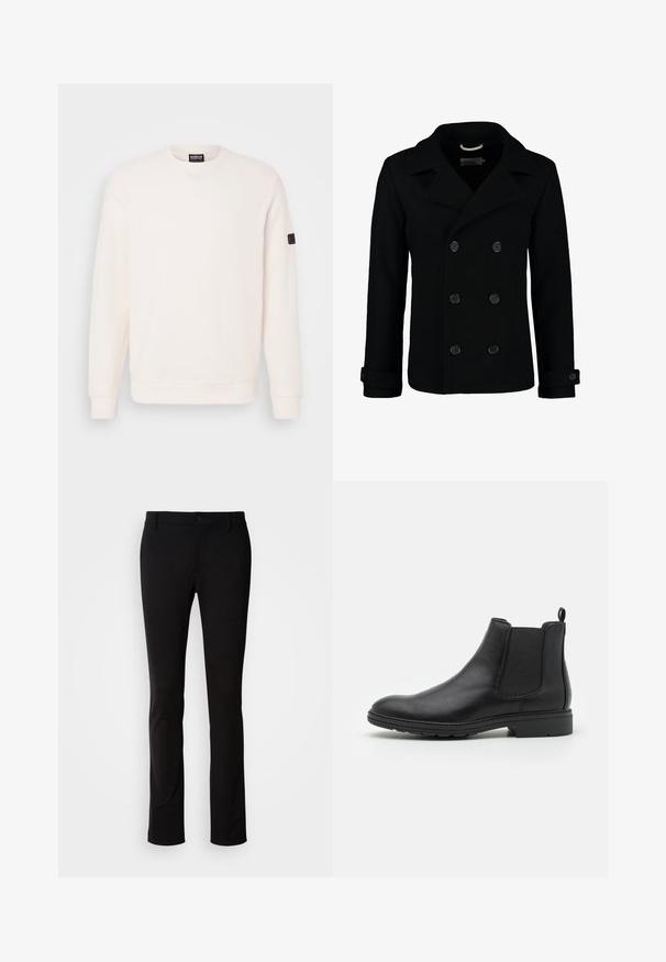 Black double-breasted peacoat made of wool, featuring a notched collar, large buttons, and rolled cuffs. Smooth texture with a tailored fit.; Light cream sweatshirt in soft cotton blend, featuring a round neck, long sleeves, ribbed cuffs, and a small logo patch on the left sleeve.; Black trousers made of smooth fabric, featuring a button closure, belt loops, and a straight-leg design. No visible patterns or accents.; Black leather Chelsea boot with elastic side panels and a pull tab, featuring a rounded toe and textured rubber sole.