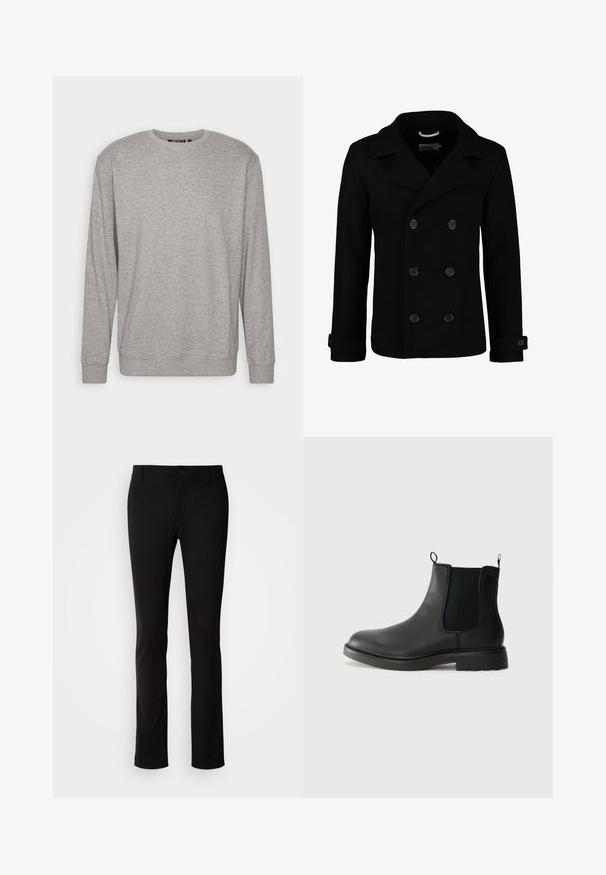 Must kasvut ja materjalist villane must kahekordse nööbiga peacoat, millel on lõigatud krae, suured nööbid ja keeratud varrukad. Sile tekstuur ja istuvus.; Helehall hallid, pikkade varrukatega, ümar kaelus, ribid varrukate ja alumise äärise puhul. Üksik loog võrkudest vasakul rinnal.; Mustadest siledast kangast püksidest, mis on varustatud nööpkinni ja vöörihmadega, otse säärtega kujunduses. Ilma nähtavate mustrite ja aktsentideta.; Mustad mustad Chelsea saapad elastsete külgpaneelidega, tõmbevalmidus, ümara ninaga ja tekstureeritud kummitald. Sile pind ja vastupidav disain.
