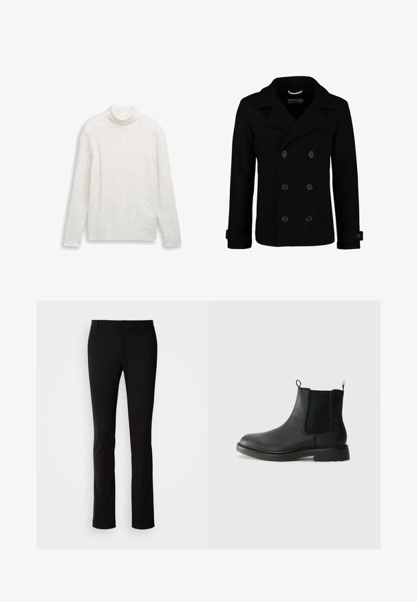 Zwarte dubbelbreasted peacoat van wol, met een notch-kraag, grote knopen en oprolbare mouwen. Glad textuur met een getailleerde pasvorm.; Witte coltrui van een gestructureerde brei, met kleurrijke spikkels door het hele stuk. Lange mouwen en een afgewerkte onderrand.; Zwarte broek van gladde stof, voorzien van een knoopsluiting, riemlussen en een rechte pijp. Geen zichtbare patronen of accenten.; Zwarte leren chelsea boots met elastische zijpanelen, trekflappen, ronde neus en een gegoten rubberen zool. Gladde oppervlakte en stevige constructie.