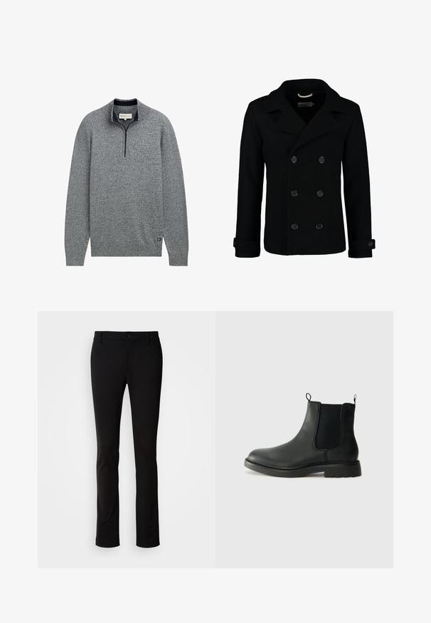 Černý dvouvrstvý peeling z vlny, s klopovým límcem, velkými knoflíky a ohrnutými manžetami. Hladký materiál s přizpůsobeným střihem.; Šedý svetr s výsokým límcem na zip, se strukturovaným pleteným vzorem a modrým akcentem na spodním lemu s logem.; Černé kalhoty vyrobené z hladkého materiálu, s knoflíkovým zapínáním, poutky na opasek a rovnými nohavicemi. Bez viditelných vzorů nebo akcentů.; Černé kožené chelsea boty s elastickými bočními panely, poutky na patě, kulatou špičkou a strukturovanou gumovou podrážkou. Hladký povrch a robustní design.
