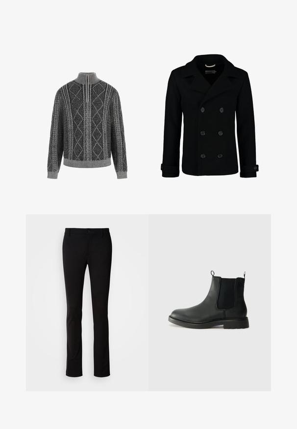 Schwarzer doppelt geknöpfter Peacoat aus Wolle, mit einem Reverskragen, großen Knöpfen und umgeschlagenen Manschetten. Glatte Textur mit taillierter Passform.; Gestrickter grauer Pullover mit hohem Kragen, der ein Rautenmuster und gerippte Bündchen und Saum aufweist. Textil mit strukturiertem Stoff und komplizierten Zopfmuster-Detaillierungen.; Schwarze Hose aus glattem Stoff, mit Knopfverschluss, Gürtelschlaufen und geradem Bein. Keine sichtbaren Muster oder Akzente.; Schwarze Leder-Chelsea-Stiefel mit elastischen Seitenelementen, Zuglaschen, runder Spitze und profiliertem Gummisohle. Glatte Oberfläche und robuste Bauweise.