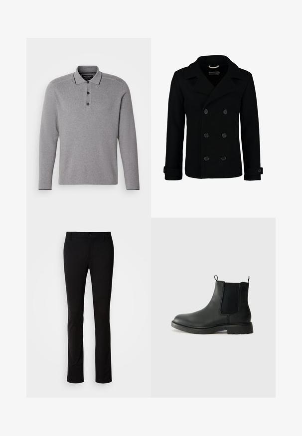 Must kasvut ja materjalist villane must kahekordse nööbiga peacoat, millel on lõigatud krae, suured nööbid ja keeratud varrukad. Sile tekstuur ja istuvus.; Hall põll, hall pika varrukaga polo särk, millel on kolm nupuvajutust, kontrastsete kraeäärte ning tekstuuriga kangaste viimistlus.; Mustadest siledast kangast püksidest, mis on varustatud nööpkinni ja vöörihmadega, otse säärtega kujunduses. Ilma nähtavate mustrite ja aktsentideta.; Mustad mustad Chelsea saapad elastsete külgpaneelidega, tõmbevalmidus, ümara ninaga ja tekstureeritud kummitald. Sile pind ja vastupidav disain.