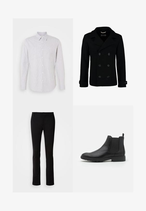 Manteau marin noir croisé en laine, avec un col à cranter, de grands boutons et des poignets retroussés. Texture lisse avec une coupe cintrée.; Chemise à manches longues, col et blanche avec de fines rayures bleues, dotée d'un devant à boutons et d'un petit logo sur la poitrine.; Pantalon noir en tissu lisse, avec fermeture à bouton, passants de ceinture et coupe droite. Aucun motif ni accent visible.; Bottines Chelsea en cuir noir avec des panneaux élastiques sur les côtés et une languette, présentant un bout arrondi et une semelle en caoutchouc texturée.