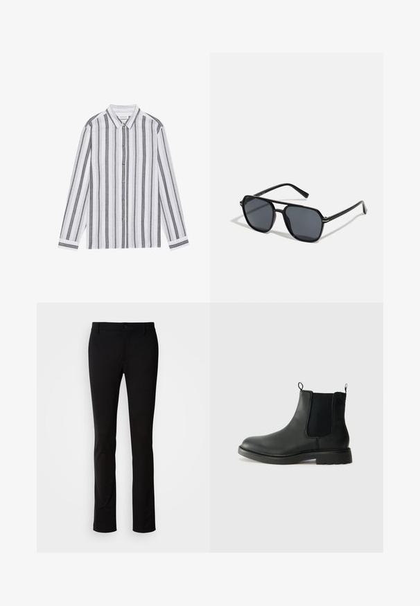 Palton negru dublu, din lână, cu guler cu vârfuri, nasturi mari și manșete rulate. Textură netedă cu o croială ajustată.; Cămașă cu mâneci lungi, cu nasturi, de culoare albă, cu dungi verticale negre. Fabricată dintr-un material ușor, având un guler clasic și manșete.; Pantaloni negri dintr-un material neted, cu închidere cu nasture, bucle pentru curea și croi drept. Fără modele sau accente vizibile.; Bocanci Chelsea din piele neagră, cu panouri laterale elastice, mânere de prindere, vârf rotunjit și talpă din cauciuc texturat. Suprafață netedă și design robust.; Ochelari de soare negri cu ramă octogonală, lentile întunecate, finisaj lucios, temple subțiri și accente aurii în partea din față.