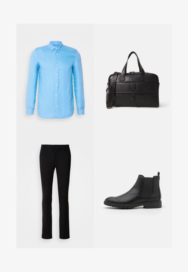 Cappotto doppiopetto nero realizzato in lana, con colletto a revers, grandi bottoni e polsini arrotolati. Texture liscia con una vestibilità sartoriale.; Camicia azzurro chiaro a maniche lunghe, con bottoni e tessuto texturizzato. Presenta un colletto classico e bottoni bianchi lungo il davanti e i polsini.; Pantaloni neri realizzati in tessuto liscio, con chiusura a bottone, passanti per la cintura e design a gamba dritta. Nessun motivo o accento visibile.; Stivale Chelsea in pelle nera con pannelli laterali elasticizzati e un ciondolo sul tallone, caratterizzato da una punta arrotondata e una suola in gomma testurizzata.; Borsa da weekend in pelle nera, con manici doppi, una tracolla regolabile, cerniere e una forma rettangolare con una texture liscia.