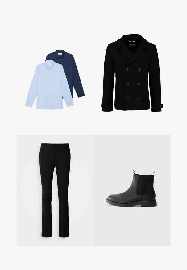Zwarte dubbelbreasted peacoat van wol, met een notch-kraag, grote knopen en oprolbare mouwen. Glad textuur met een getailleerde pasvorm.; Twee overhemden met lange mouwen: één lichtblauw en één marineblauw. Beide hebben knoopsluitingen, puntkragen en een gladde stofstructuur.; Zwarte broek van gladde stof, voorzien van een knoopsluiting, riemlussen en een rechte pijp. Geen zichtbare patronen of accenten.; Zwarte leren chelsea boots met elastische zijpanelen, trekflappen, ronde neus en een gegoten rubberen zool. Gladde oppervlakte en stevige constructie.