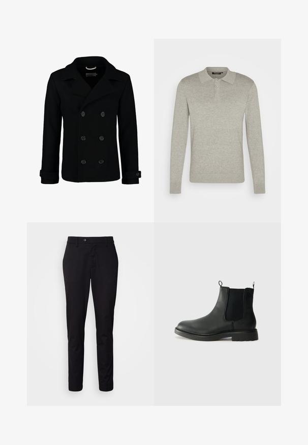 Svart dubbelknäppt sjömansrock i ull, med skalkrage, stora knappar och uppvikta ärmslut. Slät textur med en skräddarsydd passform.; Långärmad ljusgrå polotröja i mjukt tyg, med en knäppning med tre knappar och ribbade ärmslut, samt en klassisk kragsdesign.; Svarta skräddarsydda byxor i glatt tyg, med rak front, knappstängning och avsmalnande ben utan synliga dekorationer.; Svarta läder Chelsea-boots med elastiska sidopaneler, dragflikar, rundad tå och texturerad gummisula. Slät yta och robust design.