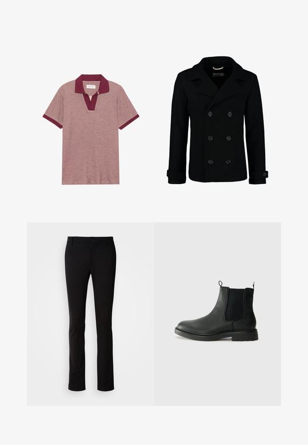 Černý dvouvrstvý peeling z vlny, s klopovým límcem, velkými knoflíky a ohrnutými manžetami. Hladký materiál s přizpůsobeným střihem.; Polo tričko s krátkým rukávem v burgundské a světle červené textuře, s hlubokým výstřihem do V a kontrastním burgundským límcem a manžetami.; Černé kalhoty vyrobené z hladkého materiálu, s knoflíkovým zapínáním, poutky na opasek a rovnými nohavicemi. Bez viditelných vzorů nebo akcentů.; Černé kožené chelsea boty s elastickými bočními panely, poutky na patě, kulatou špičkou a strukturovanou gumovou podrážkou. Hladký povrch a robustní design.