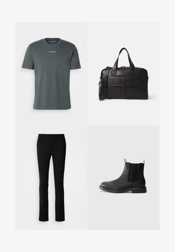 Černý dvouvrstvý peeling z vlny, s klopovým límcem, velkými knoflíky a ohrnutými manžetami. Hladký materiál s přizpůsobeným střihem.; Tmavě šedé bavlněné tričko s kulatým výstřihem, krátkými rukávy a malým bílým logem tištěným u hrudníku. Hladká textura.; Černé kalhoty vyrobené z hladkého materiálu, s knoflíkovým zapínáním, poutky na opasek a rovnými nohavicemi. Bez viditelných vzorů nebo akcentů.; Černé kožené chelsea boty s elastickými bočními panely, poutky na patě, kulatou špičkou a strukturovanou gumovou podrážkou. Hladký povrch a robustní design.; Černá kožená cestovní taška, která má dvojité ucha, nastavitelné ramenní pouzdro, zipy a obdélníkový tvar s hladkým povrchem.