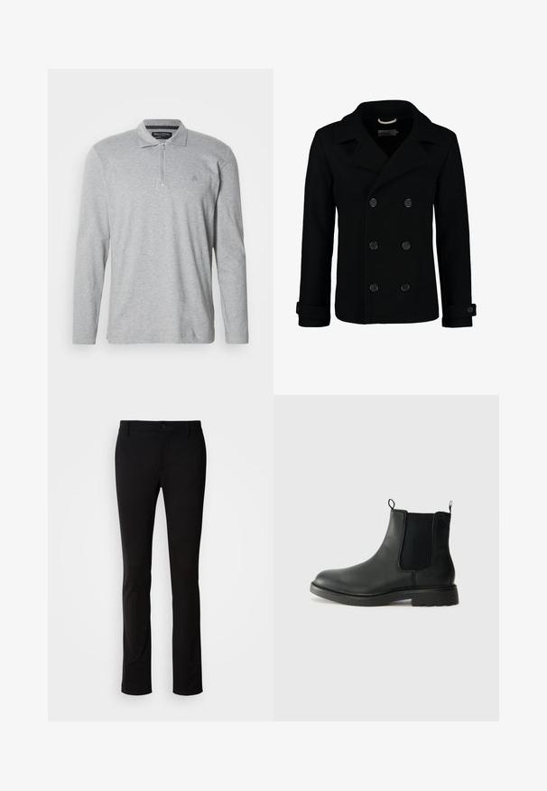 Zwarte dubbelbreasted peacoat van wol, met een notch-kraag, grote knopen en oprolbare mouwen. Glad textuur met een getailleerde pasvorm.; Grijze polo met lange mouwen van zachte stof, voorzien van een halve ritssluiting, een klassieke kraag en een klein logo op de borst.; Zwarte broek van gladde stof, voorzien van een knoopsluiting, riemlussen en een rechte pijp. Geen zichtbare patronen of accenten.; Zwarte leren chelsea boots met elastische zijpanelen, trekflappen, ronde neus en een gegoten rubberen zool. Gladde oppervlakte en stevige constructie.