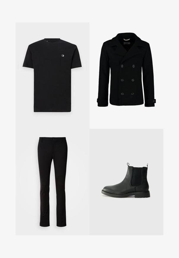 Must kasvut ja materjalist villane must kahekordse nööbiga peacoat, millel on lõigatud krae, suured nööbid ja keeratud varrukad. Sile tekstuur ja istuvus.; Must must have lühikesed varrukad, ümmargune kaelus ja väike valge logo vasakus rindkere piirkonnas. Sile tekstuur, lihtne disain.; Mustadest siledast kangast püksidest, mis on varustatud nööpkinni ja vöörihmadega, otse säärtega kujunduses. Ilma nähtavate mustrite ja aktsentideta.; Mustad mustad Chelsea saapad elastsete külgpaneelidega, tõmbevalmidus, ümara ninaga ja tekstureeritud kummitald. Sile pind ja vastupidav disain.