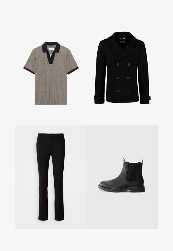 Čierny dvojradový kabát z vlny s klopovým golierom, veľkými gombíkmi a rolovanými manžetami. Hladká textura a prispôsobený strih.; Poloko s krátkym rukávom z textúrovanej béžovej tkaniny s kontrastným čiernym golierom a légou. Má dizajn s V-výstrihom a priliehavé rukávy.; Čierne nohavice z hladkej tkaniny, s gombíkovým zapínaním, pútkami na opasok a rovnými nohavicami. Žiadne viditeľné vzory ani akcenty.; Čierne kožené chelsea čižmy s elastickými bočnými panelmi, uškami na ťahanie, zaoblenou špičkou a textúrovanou gumovou podrážkou. Hladký povrch a pevná konštrukcia.