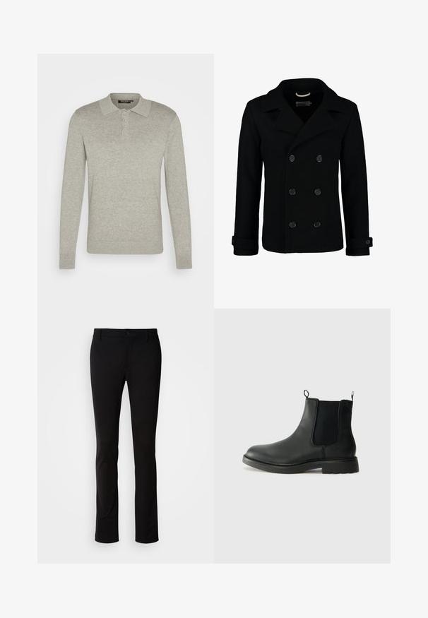 Black double-breasted peacoat made of wool, featuring a notched collar, large buttons, and rolled cuffs. Smooth texture with a tailored fit.; Long-sleeve light gray polo shirt made of soft fabric, featuring a three-button placket and ribbed cuffs, with a classic collar design.; Black trousers made of smooth fabric, featuring a button closure, belt loops, and a straight-leg design. No visible patterns or accents.; Black leather chelsea boots with elastic side panels, pull tabs, rounded toe, and textured rubber sole. Smooth surface and sturdy design.
