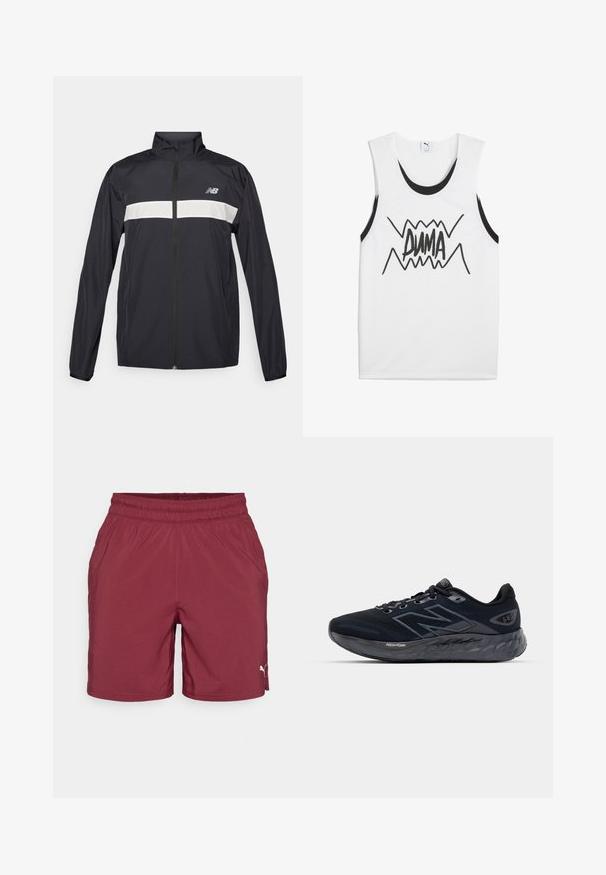 Casaco corta-vento preto com fecho frontal, gola alta e faixa horizontal branca no peito. Apresenta o logotipo da New Balance.; Camiseta sem mangas branca com detalhes pretos, apresentando um ousado gráfico preto "PUMA" no centro com um design em zigue-zague.; Calções de desporto em borgonha com um cós elástico, bolsos laterais e um pequeno logo branco na parte inferior direita. Textura de tecido suave.; Ténis de corrida masculinos em malha preta com uma sola cinza espessa, textura circular e detalhes refletivos. Apresenta o logótipo "New Balance" de um lado.