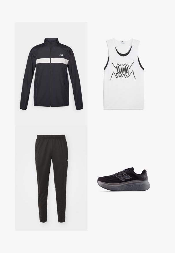 Melnā vēja necaurlaidīgā jaka ar priekšējo rāvējslēdzēju, augstu apkakli un baltu horizontālu svītru pāri krūtīm. Uz šīs jakas ir New Balance logo.; Balts bez piedurknēm T-krekls ar melniem akcentiem, centrā ar izteiksmīgu melnu "PUMA" grafiku, kas satur zigzaga dizainu.; Melnas sporta bikses ar elastīgu jostu, sašaurinātām kājām un mazu baltu logotipu kreisajā gurnā. Gluda, viegla auduma struktūra.; Melnas sporta kurpes ar teksturētu virsu, pastiprinātu papēdi un biezu pelēku zoli. Iezīmēta ar izcilu "N" simbolu.