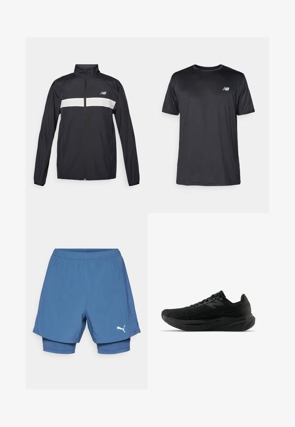 Veste coupe-vent noire avec une fermeture éclair à l'avant, un col haut et une bande horizontale blanche sur la poitrine. Présente le logo New Balance.; New Balance T-shirt de sport - black; Shorts de sport bleu Puma avec un design superposé, dotés d'une taille élastique, d'une texture lisse et d'un logo blanc sur la jambe inférieure.; Chaussure de sport noire avec tige texturée, dotée d'un design élégant, d'un système de laçage et d'une semelle plus épaisse à crampons pour une meilleure adhérence.