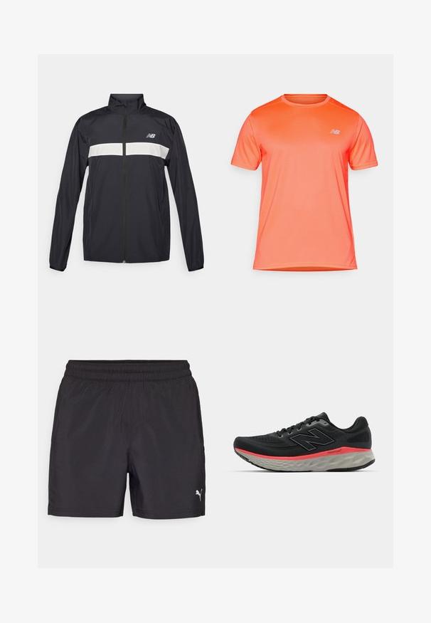 Must must jacket, mille esituskotiga, kõrge krae ja valge horisontaalne triip rinna piirkonnas. Omab New Balance'i logo.; Lühikeste varrukatega spordisärk erksast oranžist kangast, millel on õrn ribiline tekstuur ja väike valge logo vasakul rinnal.; Mustad mustriga lühikesed püksid, elastse vöökoha ja kerge materjaliga, millel on alumises servas väike valge logo.; Mustvalge jooksujalats, millel on võrkkangast pealisosa, millele on lisatud roosa vaheosa riba ja hall pohjaplaat. Omab tekstureeritud detaile ja paindlikku talla disaini.