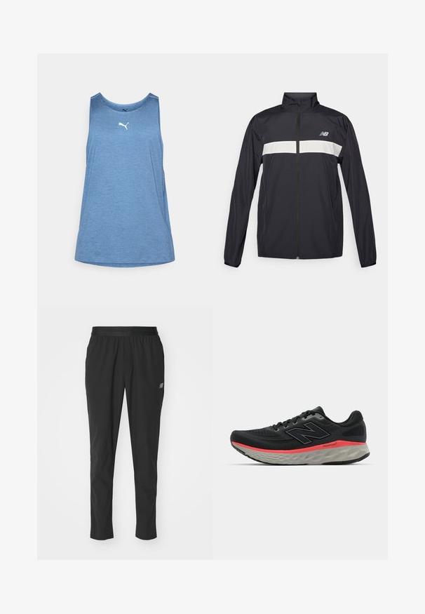 Svart vindjacka med framdragkedja, hög krage och en vit horisontell rand tvärs över bröstet. Har New Balance-logotypen.; Blå athletic tank top gjord av lättviktig tyg. Den har rund halsringning, är ärmlös och har en liten vit logotyp på framsidan.; Svarta träningsbyxor i lätt material med elastisk midja, avsmalnande design och subtil logotypdetalj på sidan.; Svart löparsko med överdel av nät, accentuerad av en rosa mellansolelinje och grå yttersula. Har texturerade detaljer och en flexibel sula.