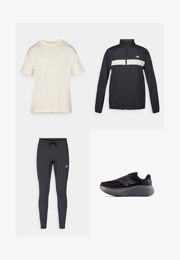 Jachetă impermeabilă neagră cu fermoar frontal, guler înalt și o bandă orizontală albă pe piept. Prezintă logo-ul New Balance.; Tricou crem cu mâneci scurte, fabricat din bumbac moale, având un guler rotund și un mic logo brodat pe piept. Textură netedă, croi lejer.; Legginsuri atletice negre din material elastic. Au un talie cu șnur și un mic logo reflectorizant pe coapsa dreaptă.; Pantof de sport negru cu un superior texturat, călcâi întărit și talpă groasă gri. Include un logo proeminent "N".