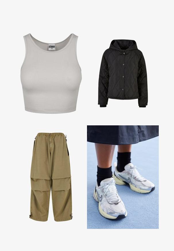 Mustan tikandiga jakk, millel on kapuuts, lihtne disain, nööpe kinnitav sulgemine ja soonilised varrukad lisasoojustamiseks.; Heledhall ribidega lühike topp, ümmarguse kaelusega ja laiemate rihmadega, valmistatud elastsemast materjalist. Keskel on Urban Classicsi silt.; Tan värvi cargo püksid elastse vöö kohaga, suurte ees olevate taskutega ja reguleeritavate varrukatega. Valmistatud kerge materjali ja siledalt tekstuuriga.; Valged ja hõbedased Nike tennisajalatsid, millel on võrgukangas, peegeldavad detailid ja beež tald. Kantud mustade sokkidega, seisab sinisel pinnal.