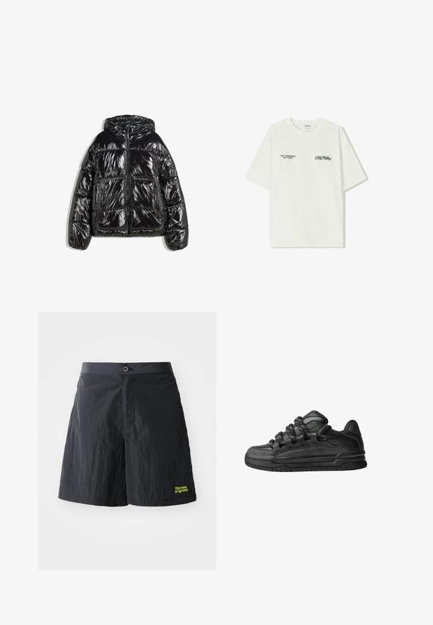 Černá péřová bunda s lesklým povrchem, horizontálním prošíváním, nastavovací kapucí, dvěma předními kapsami a centrálním zipem.; Bílý bavlněný tričko s krátkým rukávem. Na přední straně je černý text: "NE ZÍTRA, NE DNES" a "UMĚNÍ PRACOVÁNÍ S HLÍNOU" v zeleném písmu.; The New Originals RUNNING - Šortky - black; Černé tenisky s hladkým koženým svrškem, texturovanými akcenty a kulatými černobílými tkaničkami. Silná gumová podrážka s vzorovaným dezénem.