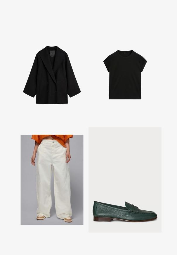 Zwarte oversized double-breasted jas met brede revers en lange mouwen, voorzien van zakken aan de zijkanten en een rechte zoom.; Zwarte t-shirt met korte mouwen en ronde hals, met een rechte zoom, plat weergegeven op een witte achtergrond.; Wijdvallende witte denim broek met zijzakken en een rechte snit, met een knoopsluiting en contrasterende stiksels.; Donkergroene leren instappers met een gestructureerde afwerking, een ronde neus en een gestikte accent over de bovenkant. Lage houten hakdetails.