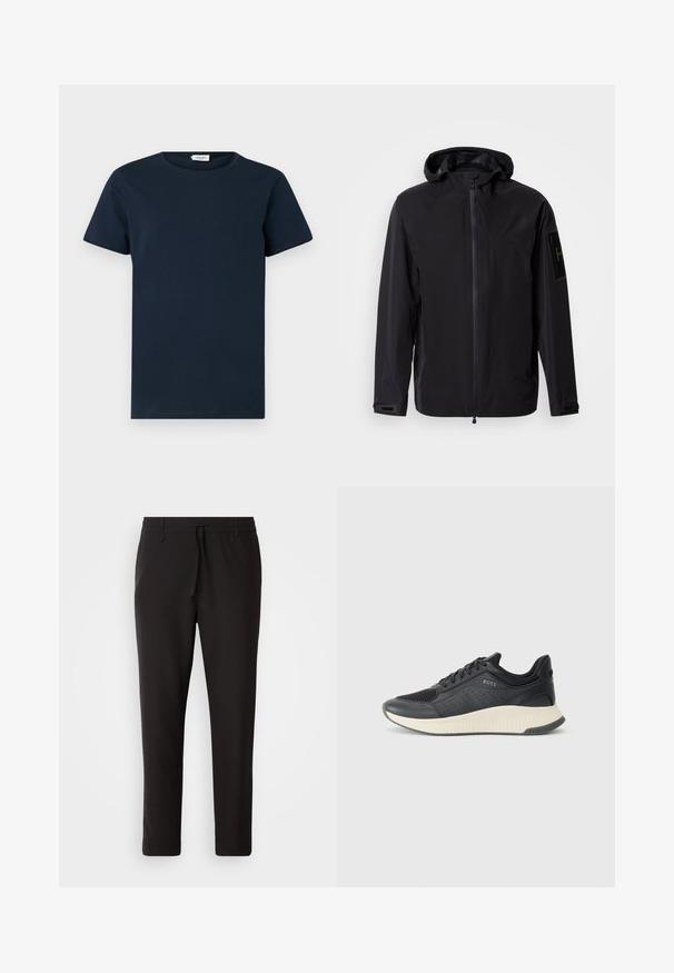 Černá nepromokavá bunda s předním zipem, nastavitelnou kapucí a manžetami. Má boční kapsy a na rukávu nášivku s logem.; Námořnická modrá bavlněná tričko s krátkými rukávy, kulatým výstřihem a hladkou texturou. Minimalistický design bez vzorů nebo ozdob.; Černé teplákové kalhoty vyrobené z hladké látky. Mají elastický pas se šňůrkou, zúžené nohavice a žádné viditelné kapsy. Jednoduchý design.; Černá sportovní teniska s mřížkovou svrchní částí s perforacemi, texturovanou mezipodešví v krémové barvě a gumovou podešví pro lepší trakci.