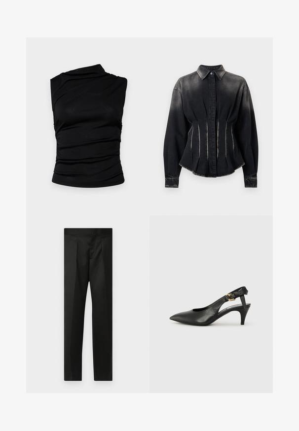 Black denim jacket with a fitted design, high collar, and two front seams. Features button closure and long sleeves with cuff detailing.; Black sleeveless top with asymmetrical neckline, featuring gathered fabric for texture and a fitted silhouette. Smooth, stretchy material.; Black trousers featuring a smooth fabric, tailored design, straight legs, and a flat waistband with no visible closures or pockets.; Black leather slingback pump with a pointed toe, small heel, and a buckle detail on the ankle strap. Smooth texture, minimalist design.