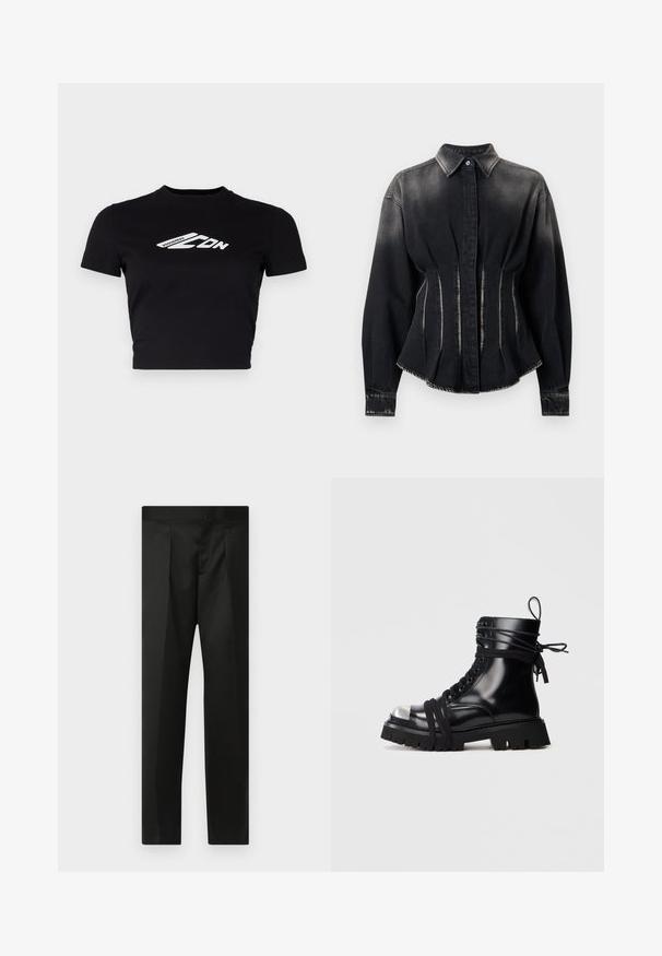 Schwarze Jeansjacke mit taillierter Form, hohem Kragen und zwei vorderen Nähten. Mit Knopfverschluss und langen Ärmeln mit Manschettendetails.; DSQUARED2 ICON MINI TEE - T-Shirt print - black; Schwarze Hose aus glattem Stoff, maßgeschneidertem Design, mit geraden Beinen und einem flachen Bund ohne sichtbare Verschlüsse oder Taschen.; Schwarze Leder-Knöchelstiefel mit einer metallischen Zehenkappe, dicker Gummisohle und gekreuzten Schnürsenkeln. Verfügt über eine schnürbare Vorderseite und eine Schlaufe hinten.