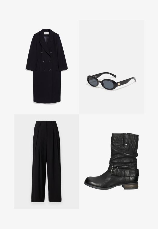 Námořnický dvouřadový kabát vyrobený z vlněné směsi, s širokými klopami, čtyřmi předními kapsami a třemi černými knoflíky na přední straně.; Námořnický modrý pulovr se výstřihem do V, dlouhými rukávy a žebrovanými manžetami a lemem. Pletená textura, volný střih. Přiřazen k modrým džínům.; Bílé bavlněné tričko s krátkými rukávy, kulatým výstřihem a hladkou texturou. Zadní strana je jednoduchá bez dalších vzorů nebo designů.; Černé široké kalhoty vyrobené z hladké tkaniny, s vysokým pasem, sklady vpředu a splývavým siluetou.; Černá kožená kotníková bota s uvolněným designem, sponou na popruhu, kulatou špičkou a nízkým vrstvovým podpatkem.; Černé oválné sluneční brýle s tmavými skly, lesklým plastovým rámem, širokými stranami a malým zlatým detailem na jedné straně.